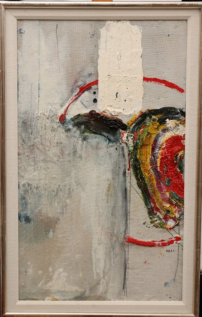 LENNART HALL. Olja på duk, uppklistrad, Komposition, signerad Hall. — Paintings — Limhamns Auktionsbyrå