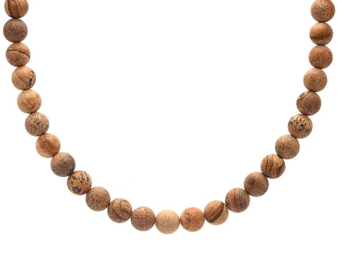 OLE LYNGGAARD, collier, jaspis, 8 mm, dobbar, ej lås, längd 40 cm, ej märkt, originalask. — Smycken/Collier — Kaplans
