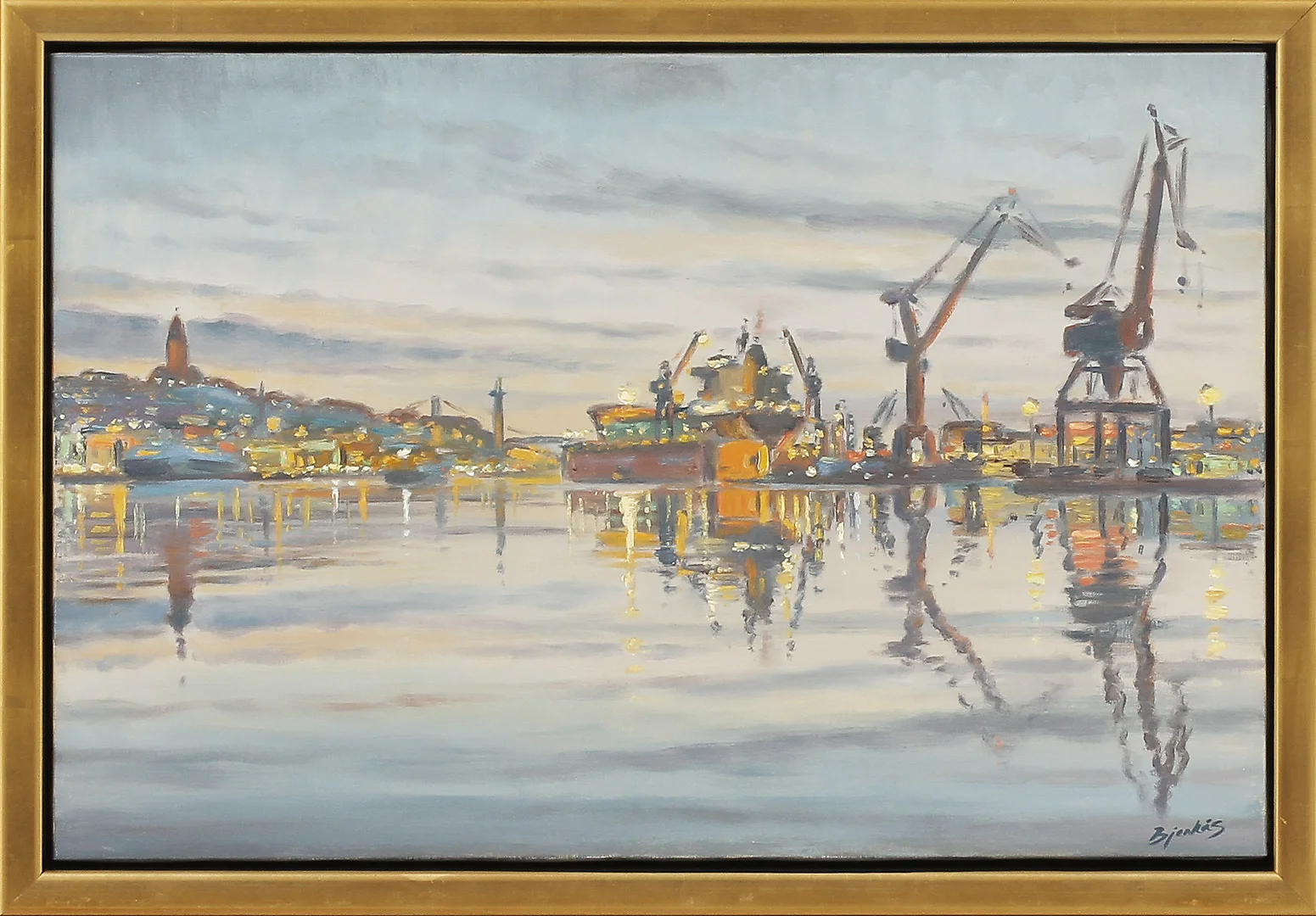 CARL BJERKÅS. "Vattenspeglingar, Göteborgs hamn", olja på duk, signerad. — Paintings — Göteborgs Auktionsverk