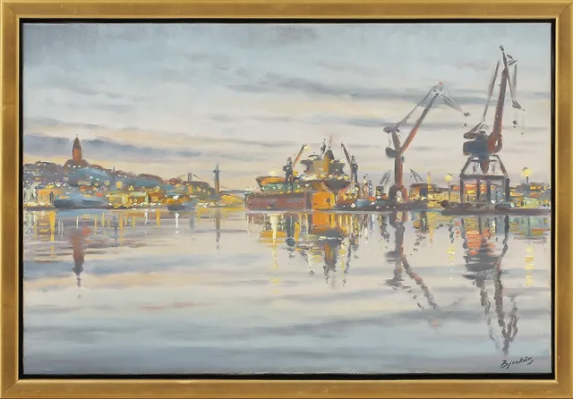 CARL BJERKÅS. "Vattenspeglingar, Göteborgs hamn", olja på duk, signerad.