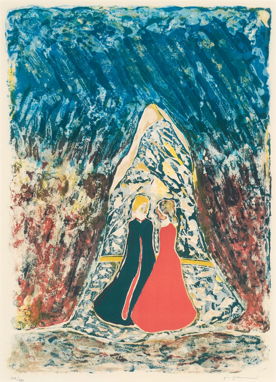 Johannessen, Jens — "Herrens hus skal bygges stort; Favne jord og himmel sammen, lik et løvtak over stammen" 1986 — Kunst/Grafikk — Blomqvist