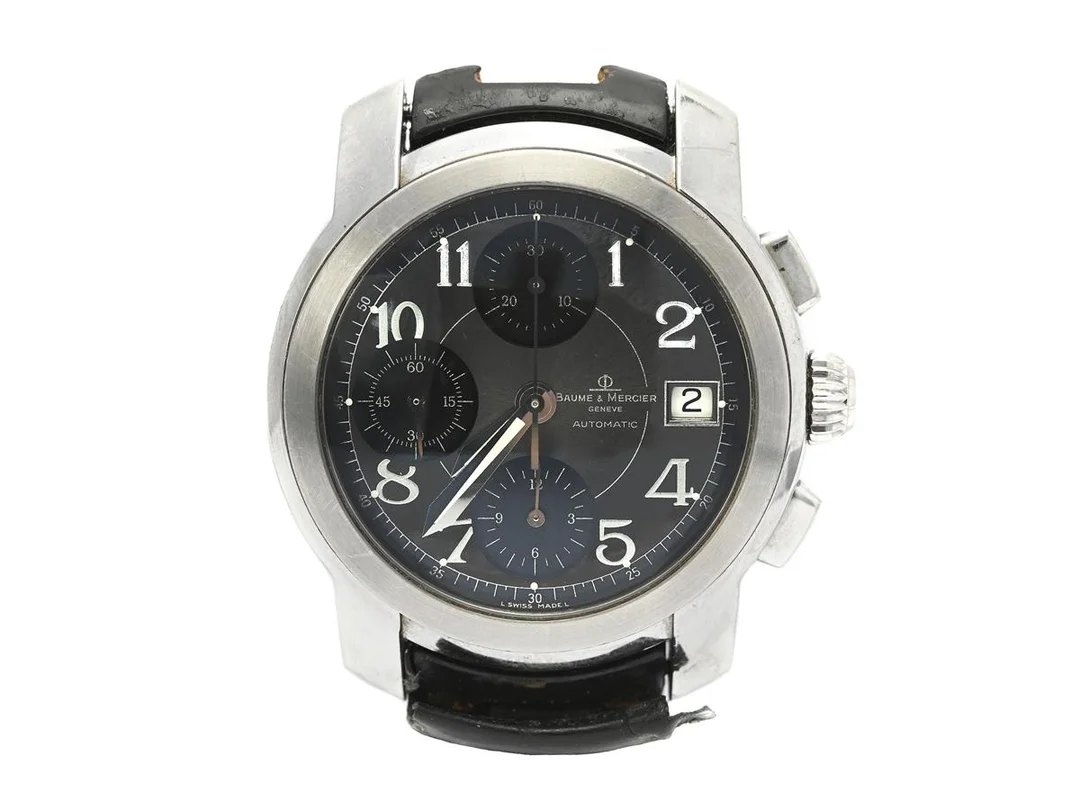 BAUME & MERCIER, Geneve, Capeland, Cal BM 13750 (ETA 7750), Serie nr. 5300515, Boett nr. MV045216, kronograf, herrur, 39 mm, stål, automatisk, safirglas, datum, läderband (defekt, se bild och fördjupad info), viklås, ca 2002. — Klockor/Baume&Mer — Kaplans
