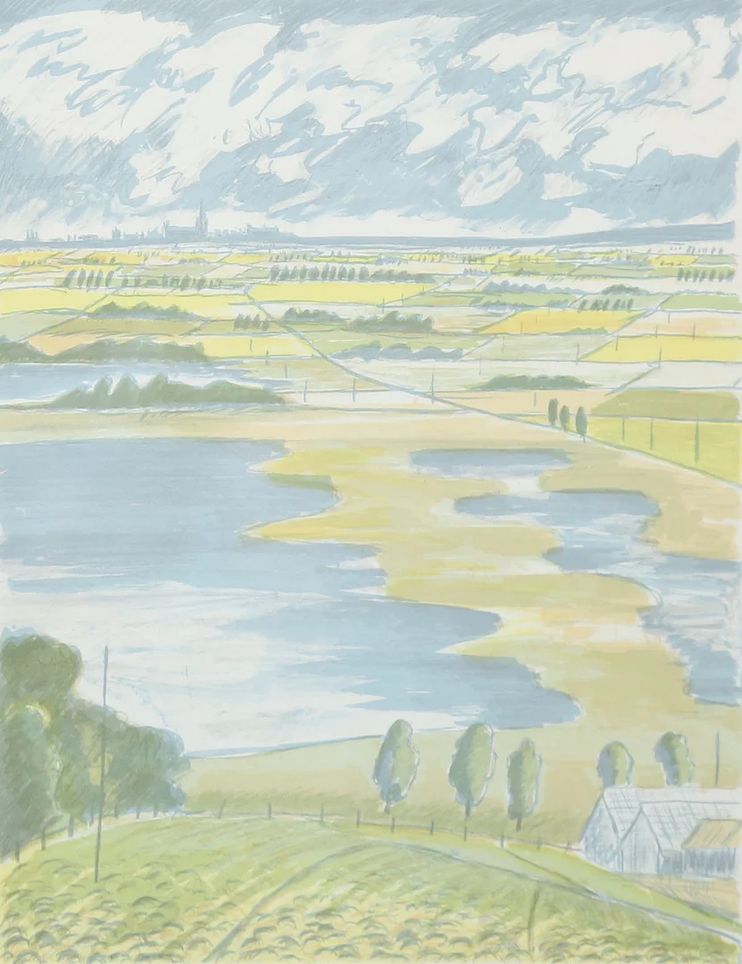 ALLAN HORSAK. "Östgötaslätt", Litografi, signerad, numrerad 180/330 och daterad 89. — Engravings & Prints — Gomér & Andersson Linköping