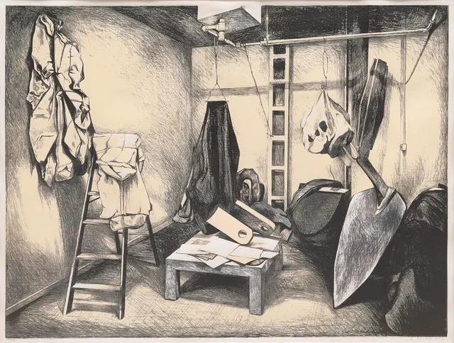 LOWELL NESBITT. "Claes Oldenburg's Studio", litografi, signerad, daterad 1972 och numrerad 73/100.