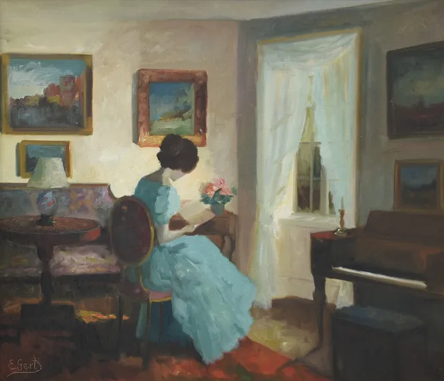 EDITH GERT. (1906 - 1983). Interior study, oil on canvas. Denmark 20th century. Signed.