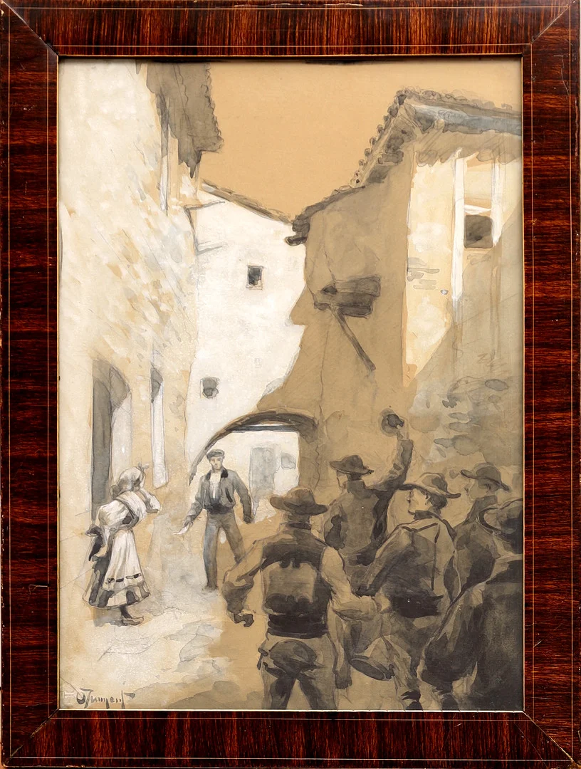 OLEGARIO JUNYENT (1876-1958). Escena, acuarela sobre papel. — Drawings — Barcelona Auctions