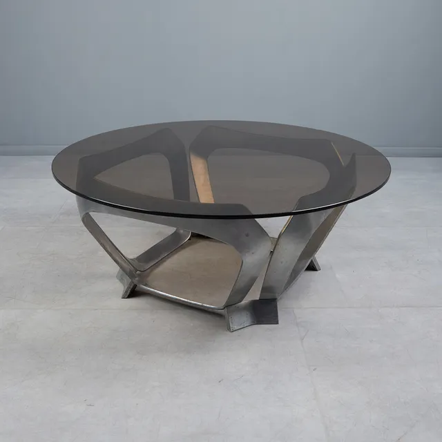 KNUT HESTERBERG. für Ronald Schmitt, Couchtisch, Rauchglasplatte, Aluminium, 1960er, Deutschland.