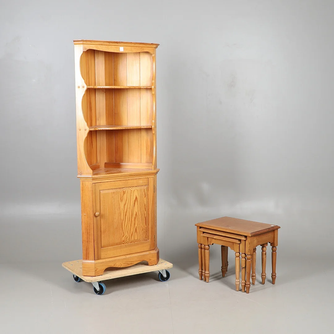 MODERN PINE CORNER CABINET AND NEST OF TABLES. — Cupboards, Cabinets & Shelves — Lawrences Auctioneers