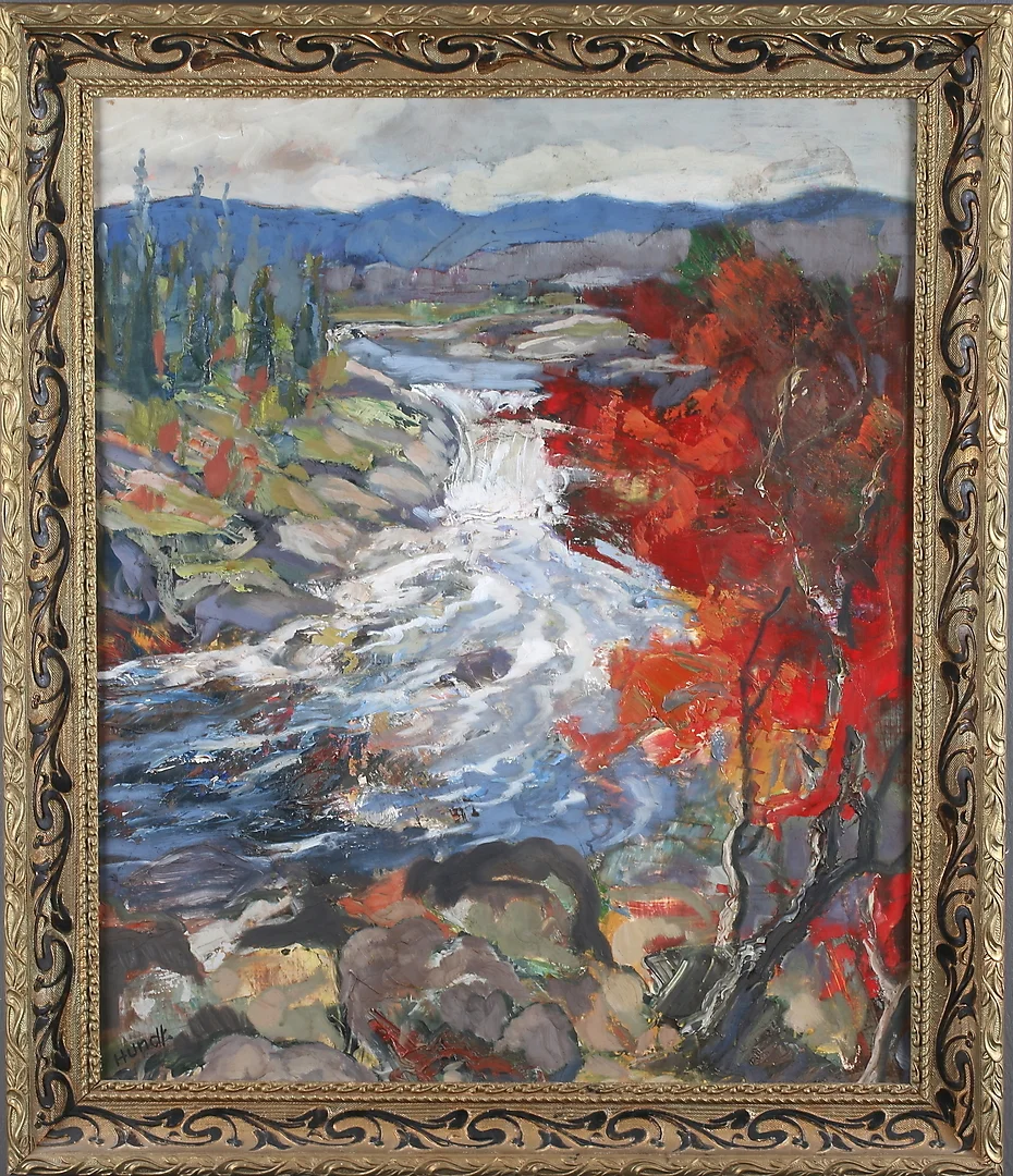 FRIEDRICH WILHELM HUNDT. Höstfors, olja på pannå, signerad. — Paintings — Stadsauktion Sundsvall