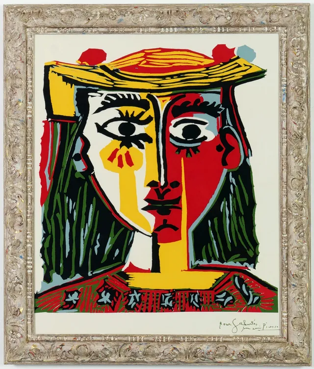 AFTER PABLO PICASSO. WOMAN IN HAT ON SILK.