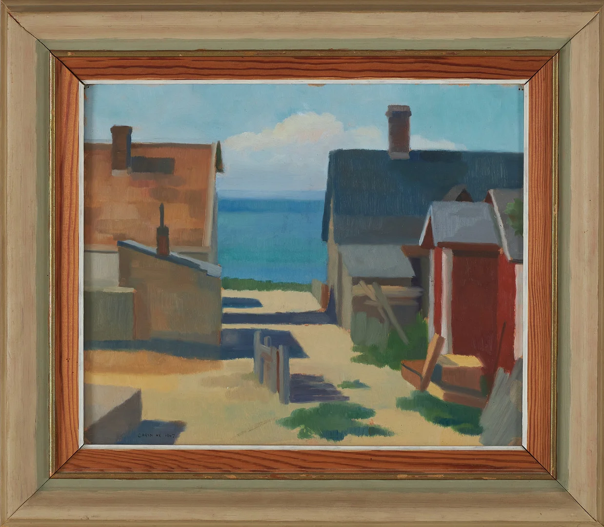 CARIN AX. "Ålabodarna", olja på pannå, signerad och daterad 1947. — Paintings — Stockholms Auktionsverk Sickla