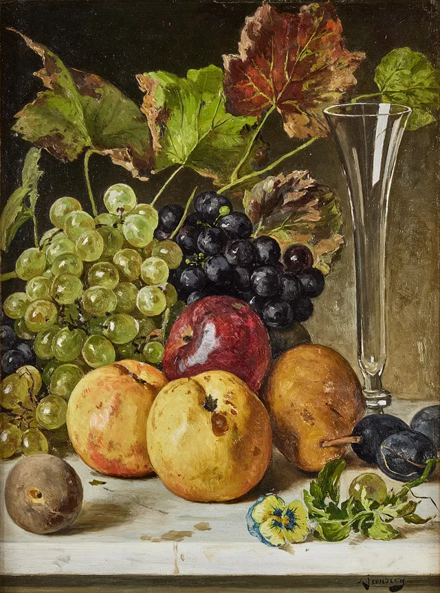 AUGUST JERNBERG. Stilleben med frukter, olja på pannå, 41x31 cm.