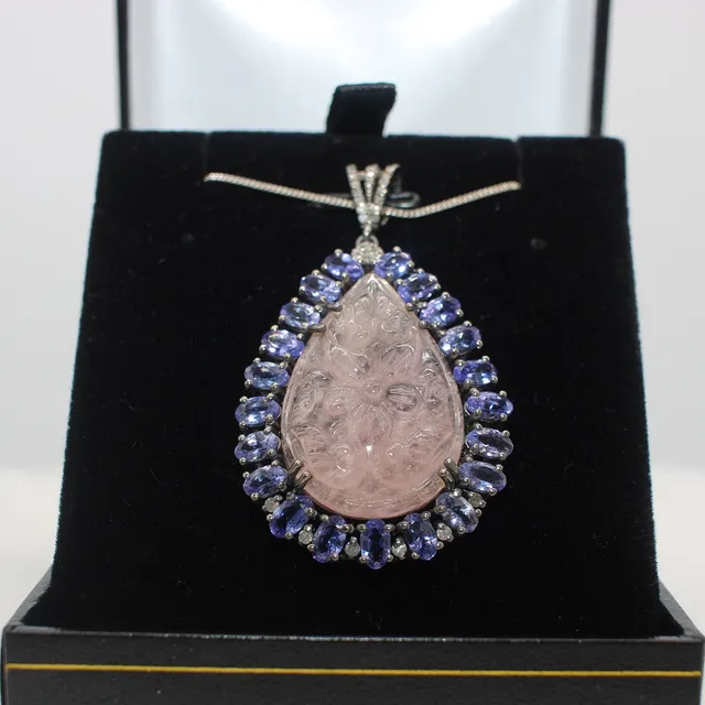 CARVED MORGANITE, TANZANITE AND DIAMOND NECKLACE.