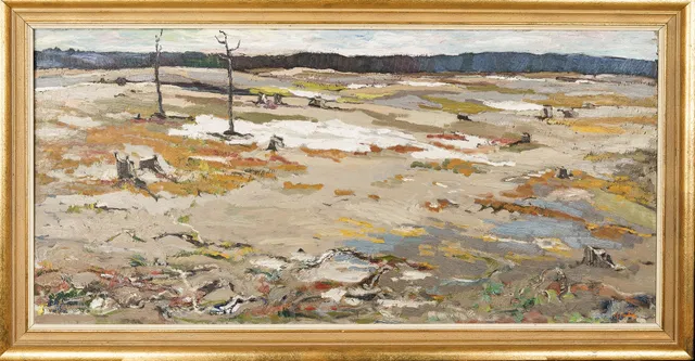 CARL-GUSTAF "KÅGE" NORDIN. Olja på duk, Föreställande efterdyningarna av Kallaxbranden 1939, Signerad.