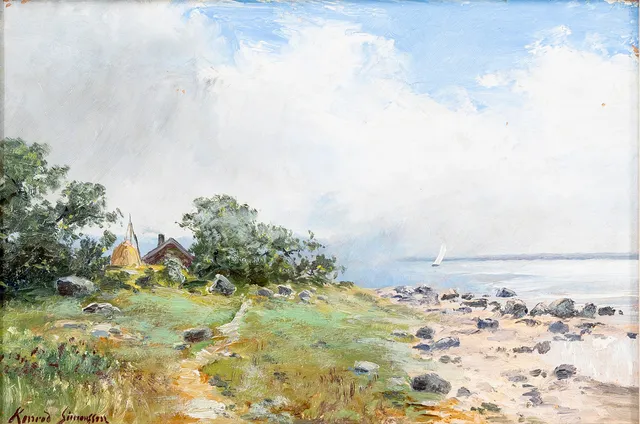 KONRAD SIMONSSON (1843-1911). Sommarvy med segelbåt, olja på pannå, signerad.