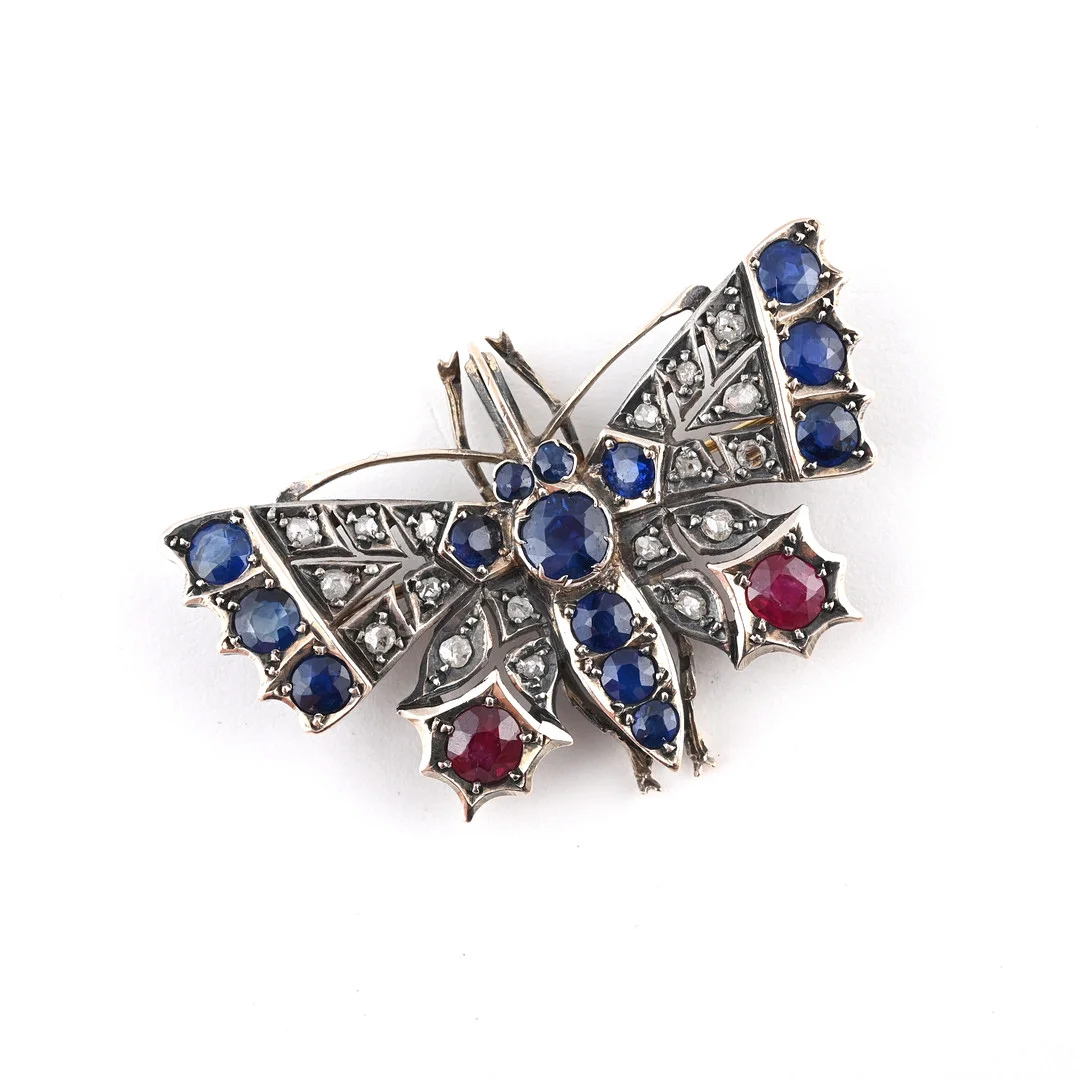 A VICTORIAN SAPPHIRE, RUBY & DIAMOND BUTTERFLY BROOCH. — Brooches & Pendants — Lawrences Auctioneers