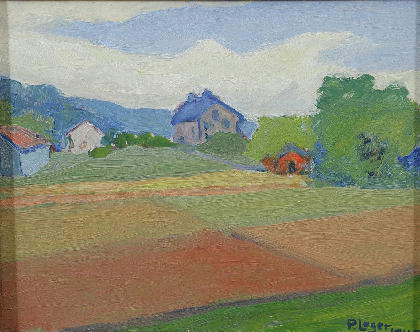 PAUL LAGER. Landskap med hus, olja på pannå, signerad och daterad 1945. — Paintings — Växjö Auktionskammare