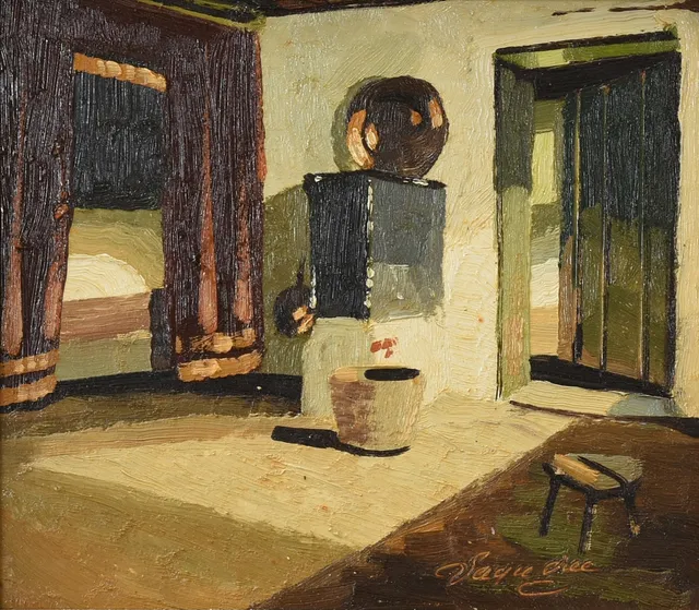 VAGN OVE SCHNACH (F. 1931). Interiørstudie af bondestue. Olie på plade. Danmark 20 årh. Signeret.