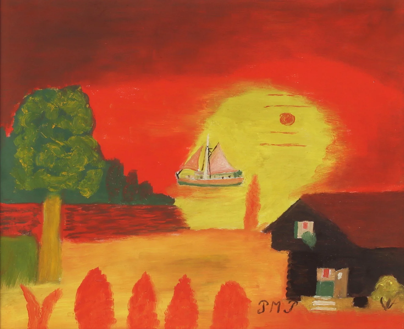 PRIMUS MORTIMER PETTERSSON. Båt vid solnedgång, olja på pannå, monogramsignerad PMP. — Paintings — Stadsauktion Sundsvall