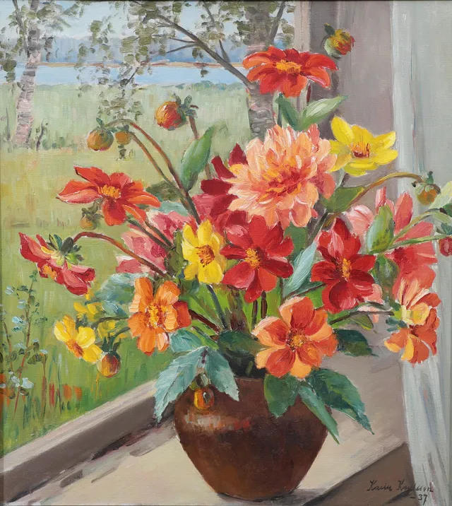 KARIN KARLSSON. Blommor i vas, olja på duk, signerad, daterad -37.