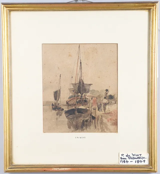 CIRCLE OF PETER DE WINT (1784-1849). BOATS AND FIGURES AT A WATERFRONT.