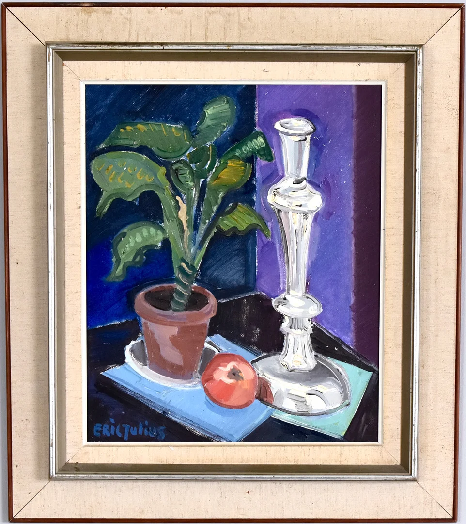 ERIC JULIUS. oljemålning på duk, Stilleben med silverstake. — Paintings — Halmstads Auktionskammare