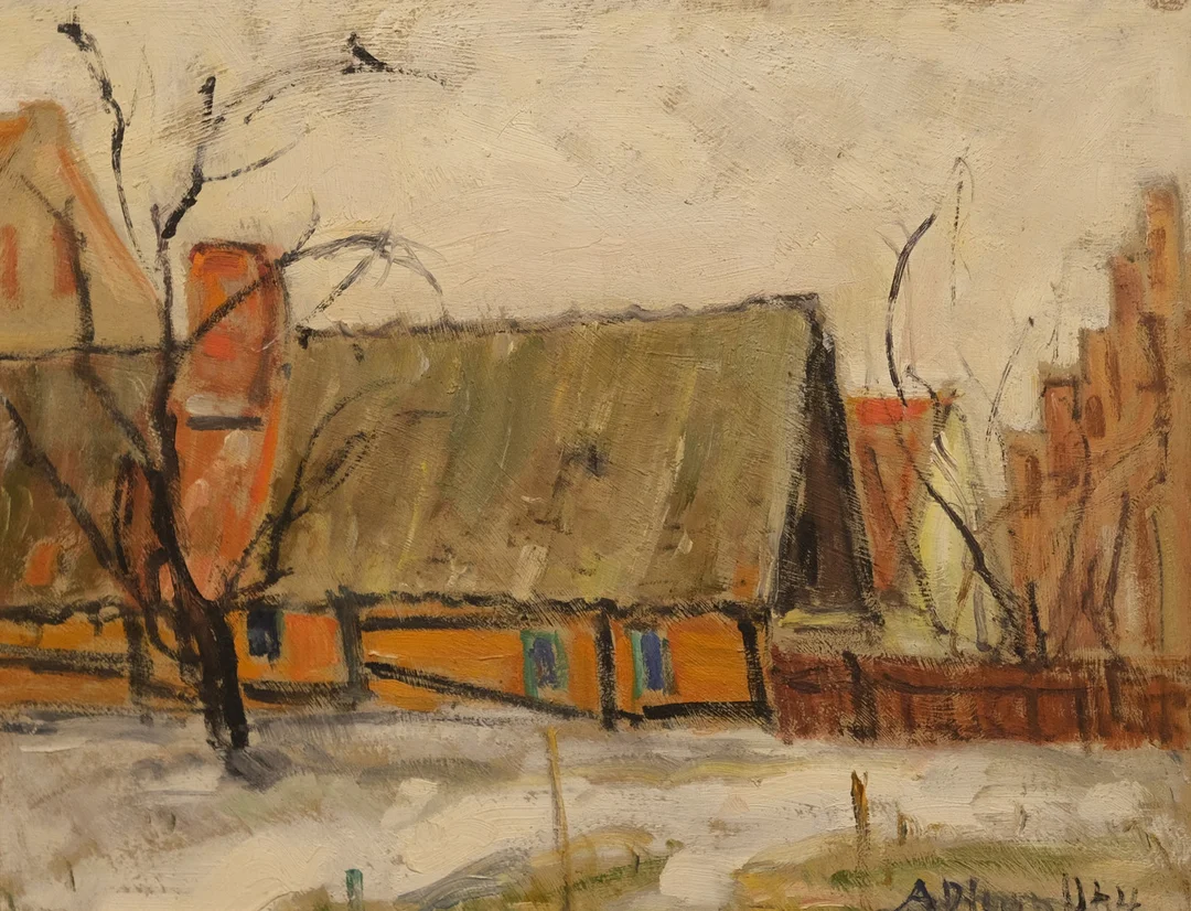 ANDERS OLSON. KORSVIRKESHUS, OLJA PÅ PANNÅ. — Paintings — Björnssons Auktionskammare