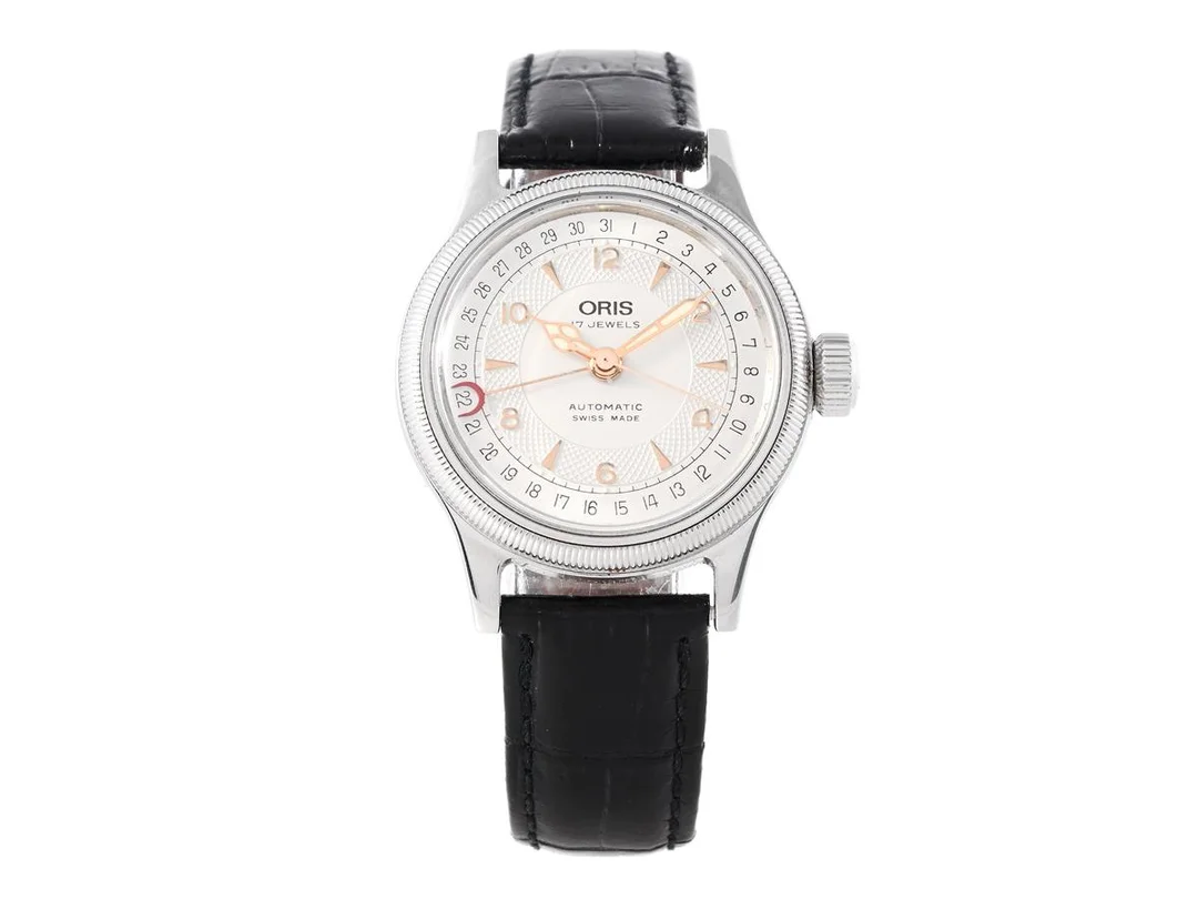 ORIS, Big Crown, Cal 584, Serie nr. 22 75411, Boett nr. 7400C, unisex, 32 mm, stål, automatisk, plexiglas, datum, glasbaksida, läderband, ca 2005. — Klockor/Oris — Kaplans