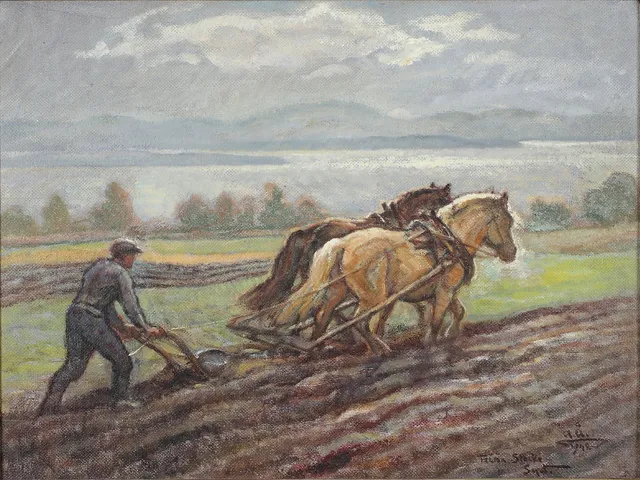 ACKE ÅSLUND. "Höstplöjning på Frösö", olja på pannå, monogramsignerad och daterad 1942.