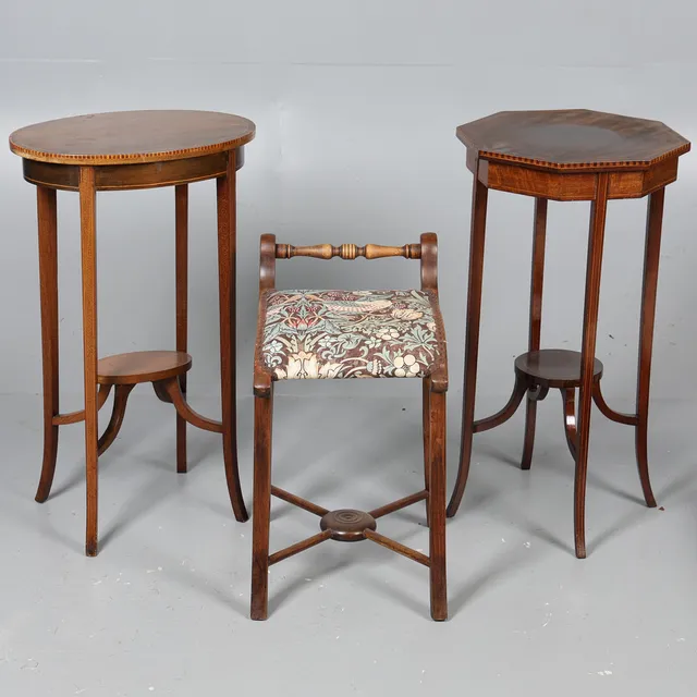 TWO EDWARDIAN OCCASIONAL TABLES TOGETHJER WITH A STOOL (3).