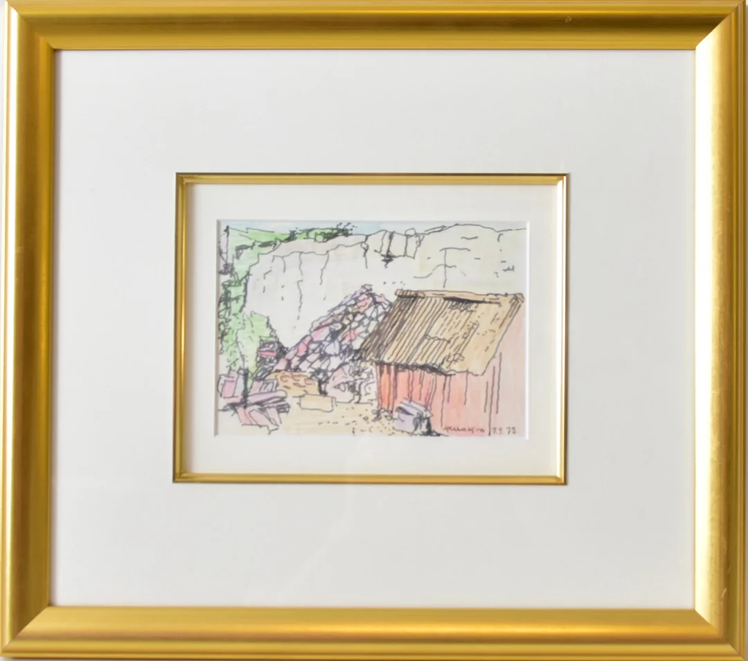 AXEL OLSON. tusch och färgkrita, Grötviksmotiv. — Drawings — Halmstads Auktionskammare
