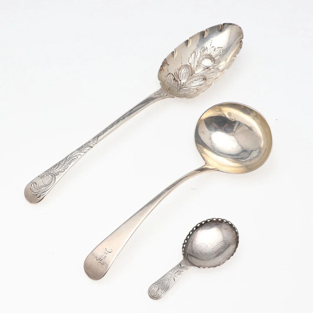 A GEORGE III SILVER CADDY SPOON, LADLE & BERRY SPOON. — Silver — Lawrences Auctioneers