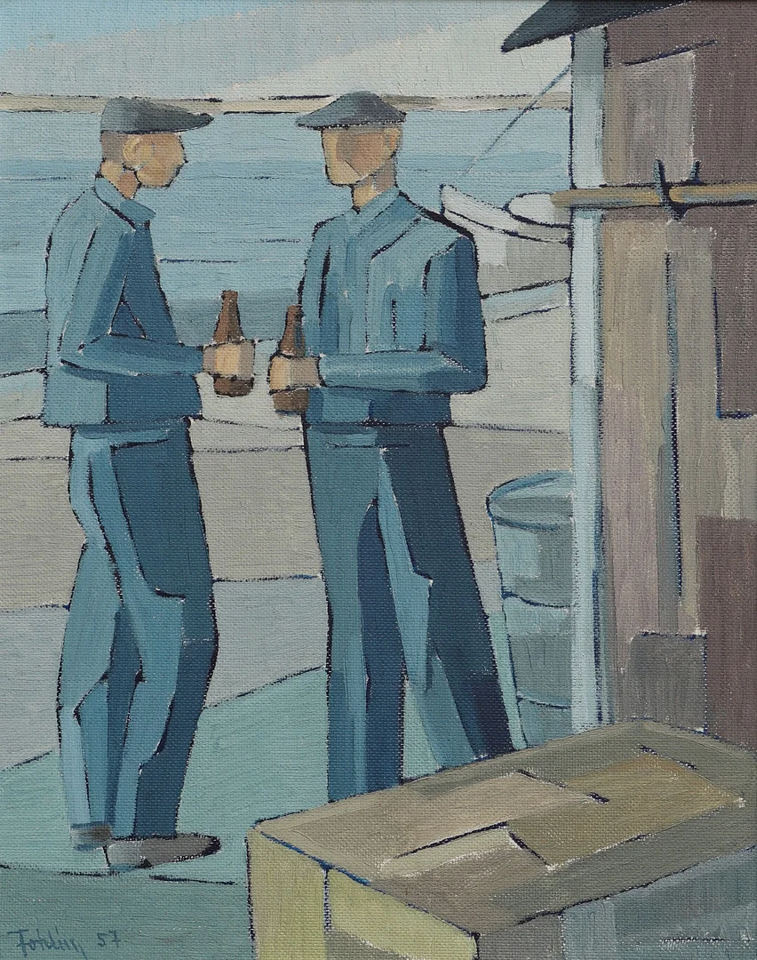 GUNNAR FOHLIN. Olja på pannå, rastande fiskare, signerad och daterad 57. — Paintings — Ekenbergs Auktioner