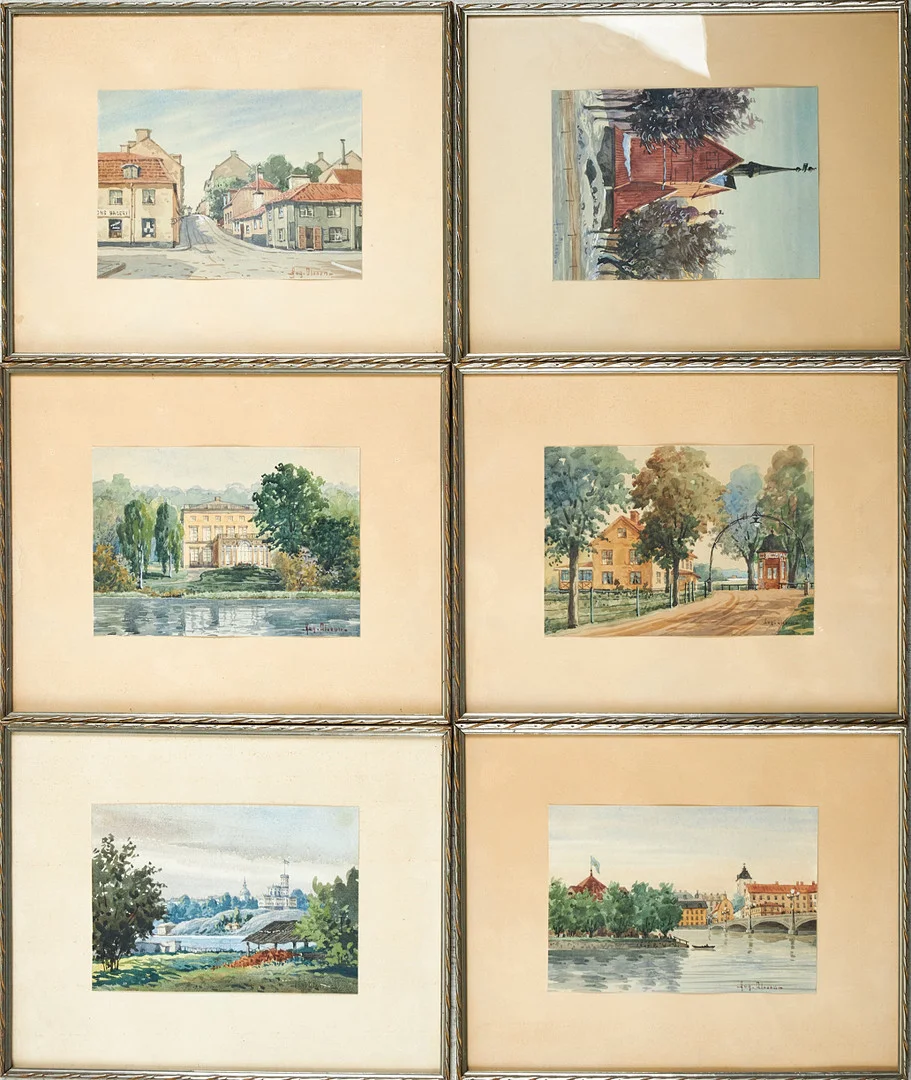 OLOF AUGUST OLSSON (1860 - 1899). Akvareller, 6 st, med Stockholmsmotiv, bland annat över Kungsbron och Gustav III:s paviljong, signerade. — Paintings — Stockholms Auktionsverk Sickla