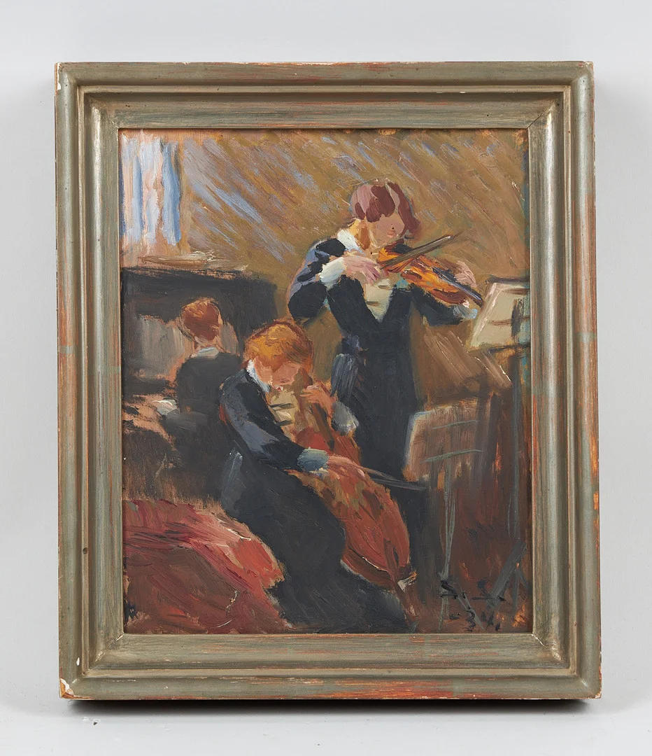 SANTERI SALOKIVI. "Brondas trio", signerad samt daterad -34. olja på pannå. — Paintings — Stockholms Auktionsverk Helsinki