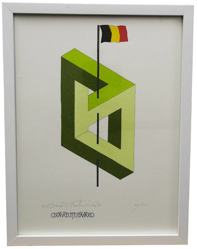 OSCAR REUTERSVÄRD. Färglitografi ur mappen "Fifteen European Impossible Figures". Belgien, numrerad 52/210, signerad.