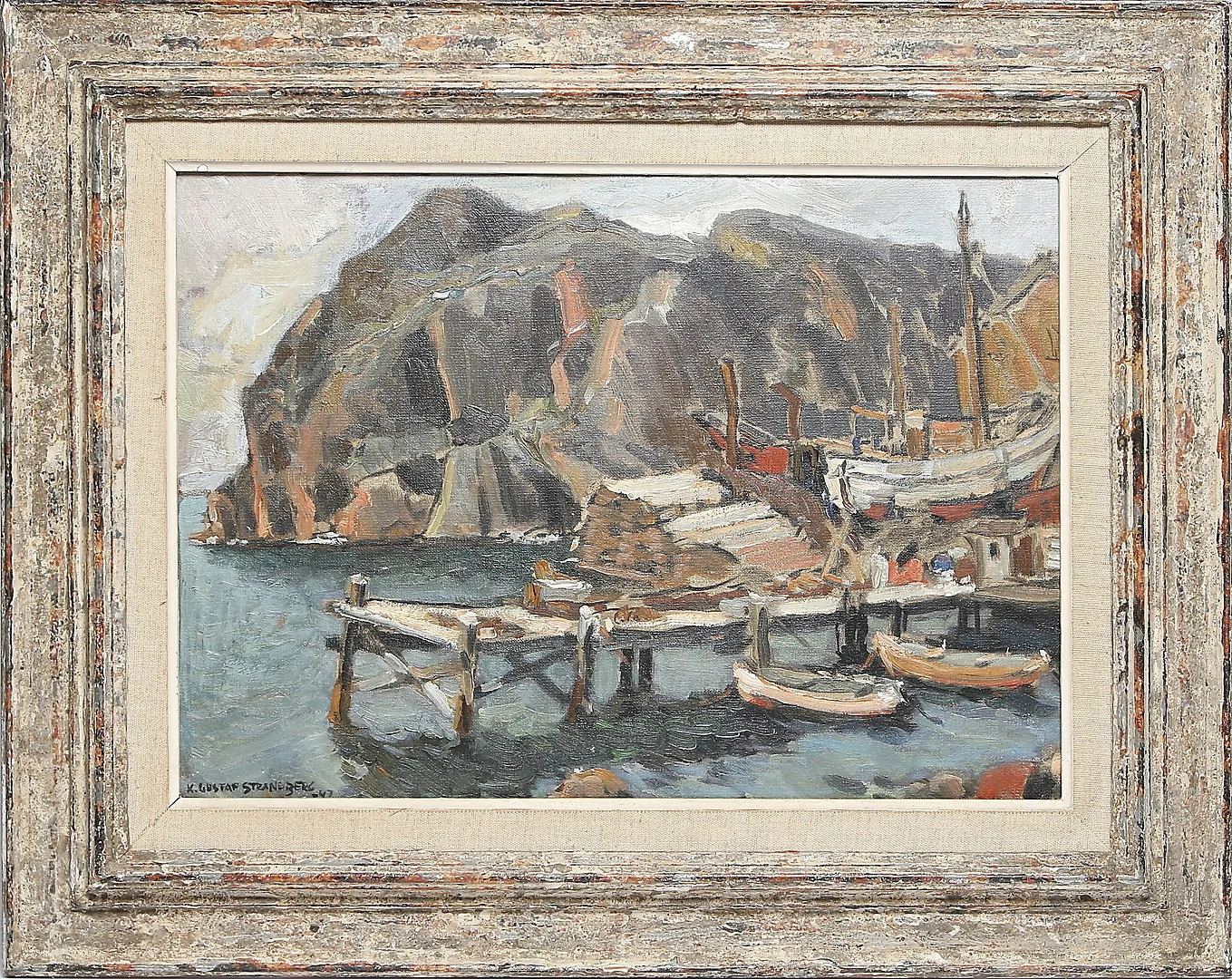 KARL GUSTAF STRANDBERG. Olja på pannå, brygga vid klippor, signerad och daterad -47. — Paintings — Stadsauktion Sundsvall
