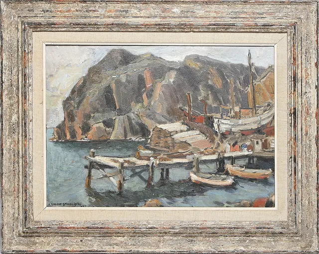 KARL GUSTAF STRANDBERG. Olja på pannå, brygga vid klippor, signerad och daterad -47.