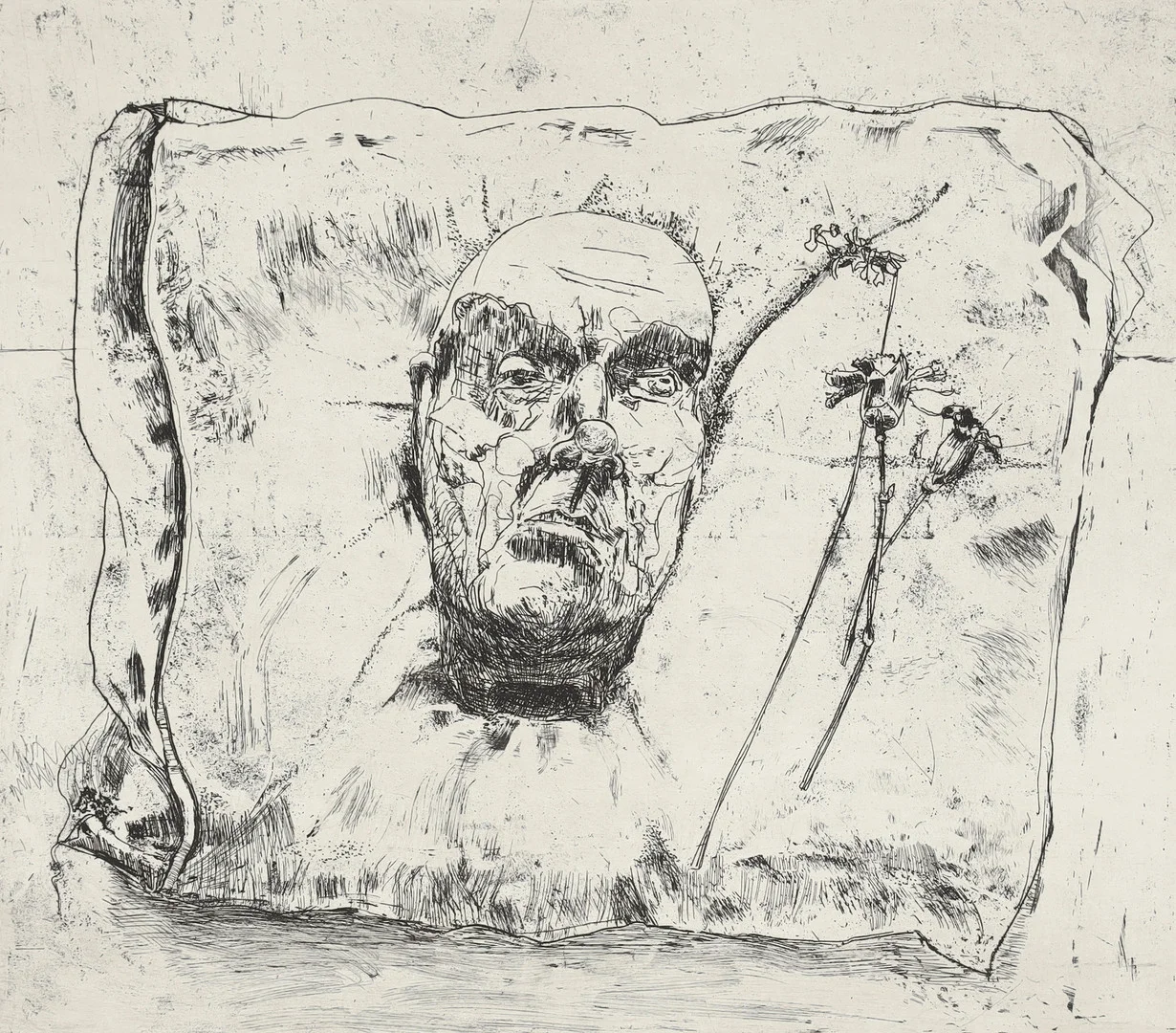 LENA CRONQVIST. komposition med ansikte, etsning, oramat blad. — Engravings & Prints — Stockholms Auktionsverk Helsingborg