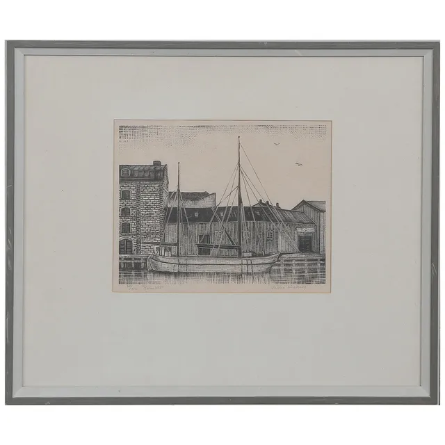 VALTER LINDBERG (1910-1965, KALMAR), TRÄGRAVYR "HAMNBILD" 60/310, SIGNERAD, INGLASAD.