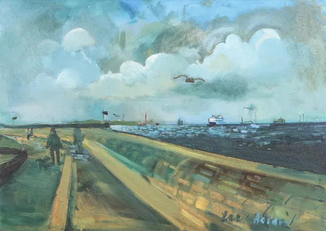 LARS HERDER. Oljemålning på duk. Regntunga skyar över Öresund. Signerad.