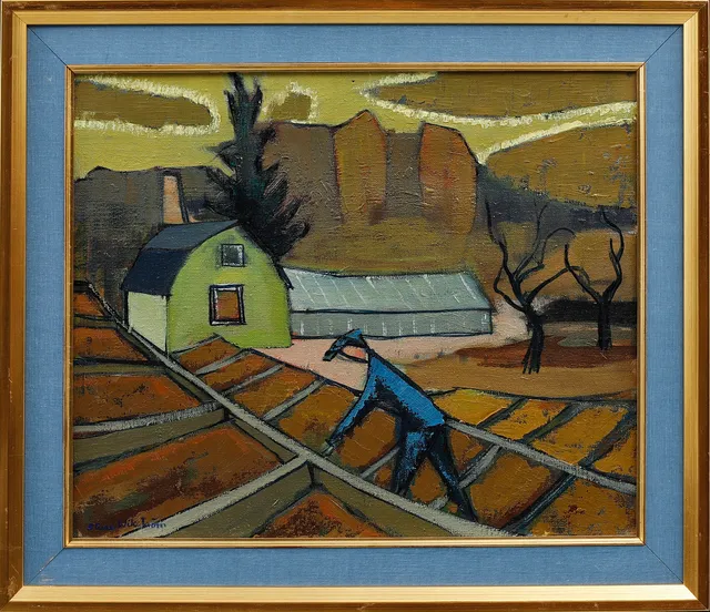 STURE WIKSTRÖM. Landskap med figur och hus, olja på duk, signerad.