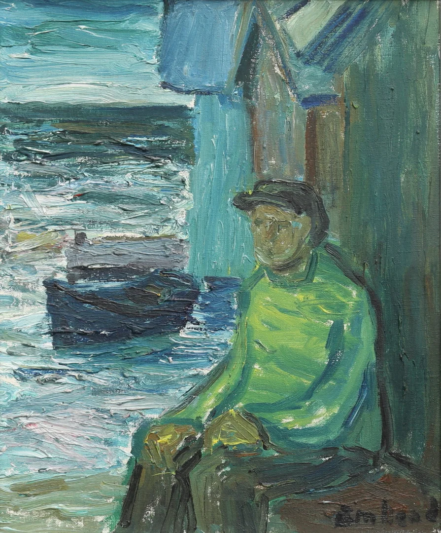 EINAR EMLAND. "På ljugarebänken". Olja på duk, signerad. — Paintings — Auktionshuset Thelin & Johansson