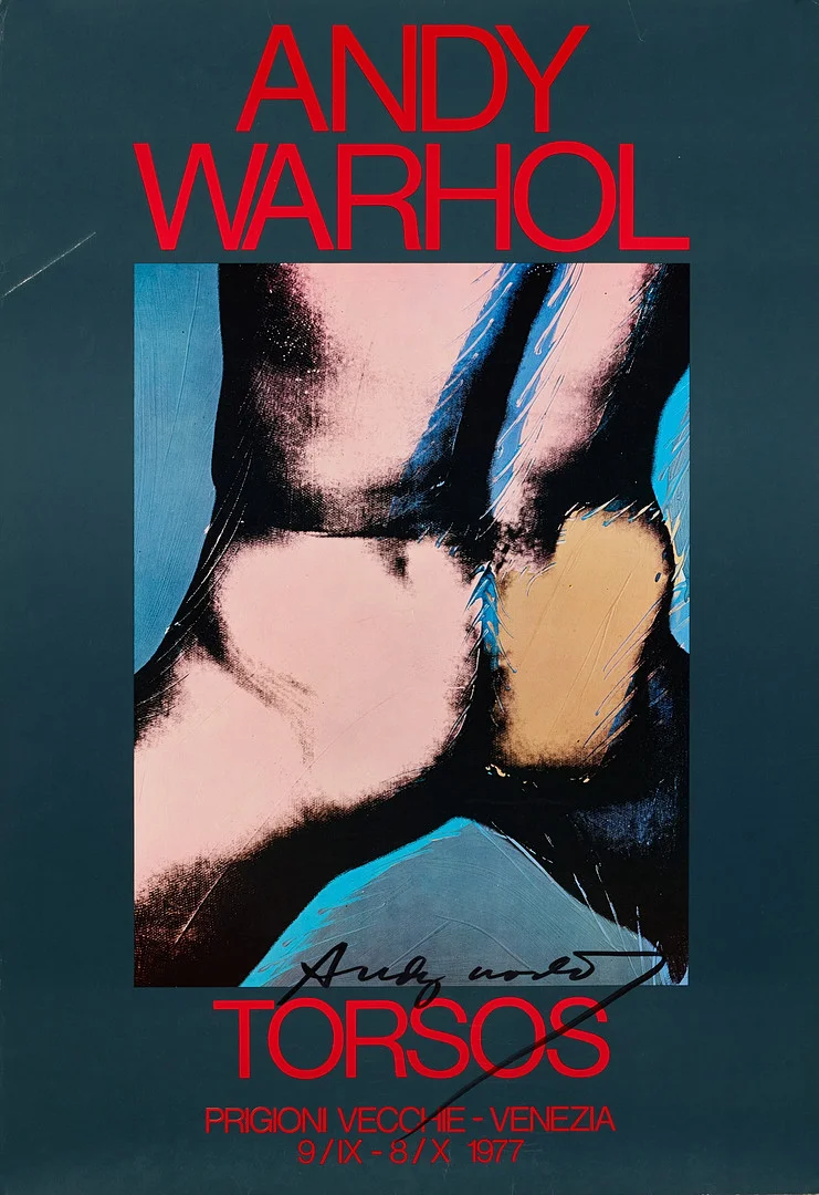 ANDY WARHOL (USA, 1928-1987) (efter), "Torsos" (Prigioni Vecchie - Venezia, Exhibition Poster), färgoffset 1977, signerad med tuschpenna. — Engravings & Prints — Crafoord Auktioner Stockholm