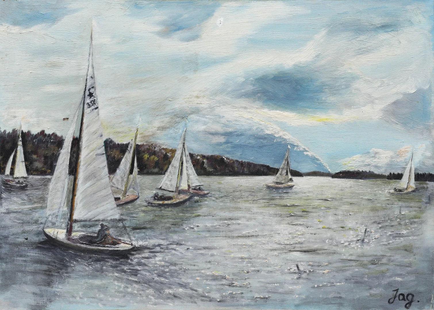 OIDENTIFIERAD KONSTNÄR. olja på duk, segelbåtar, signerad Jag. — Paintings — Auktionsmagasinet Vänersborg