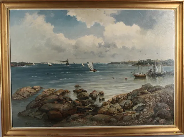 JOSEFINA HOLMLUND. Kustlandskap med båtar, olja på duk, signerad.