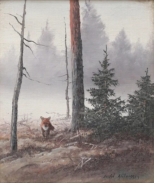 ARVID ANDERSSON. Räv i skogen, olja på duk, signerad.
