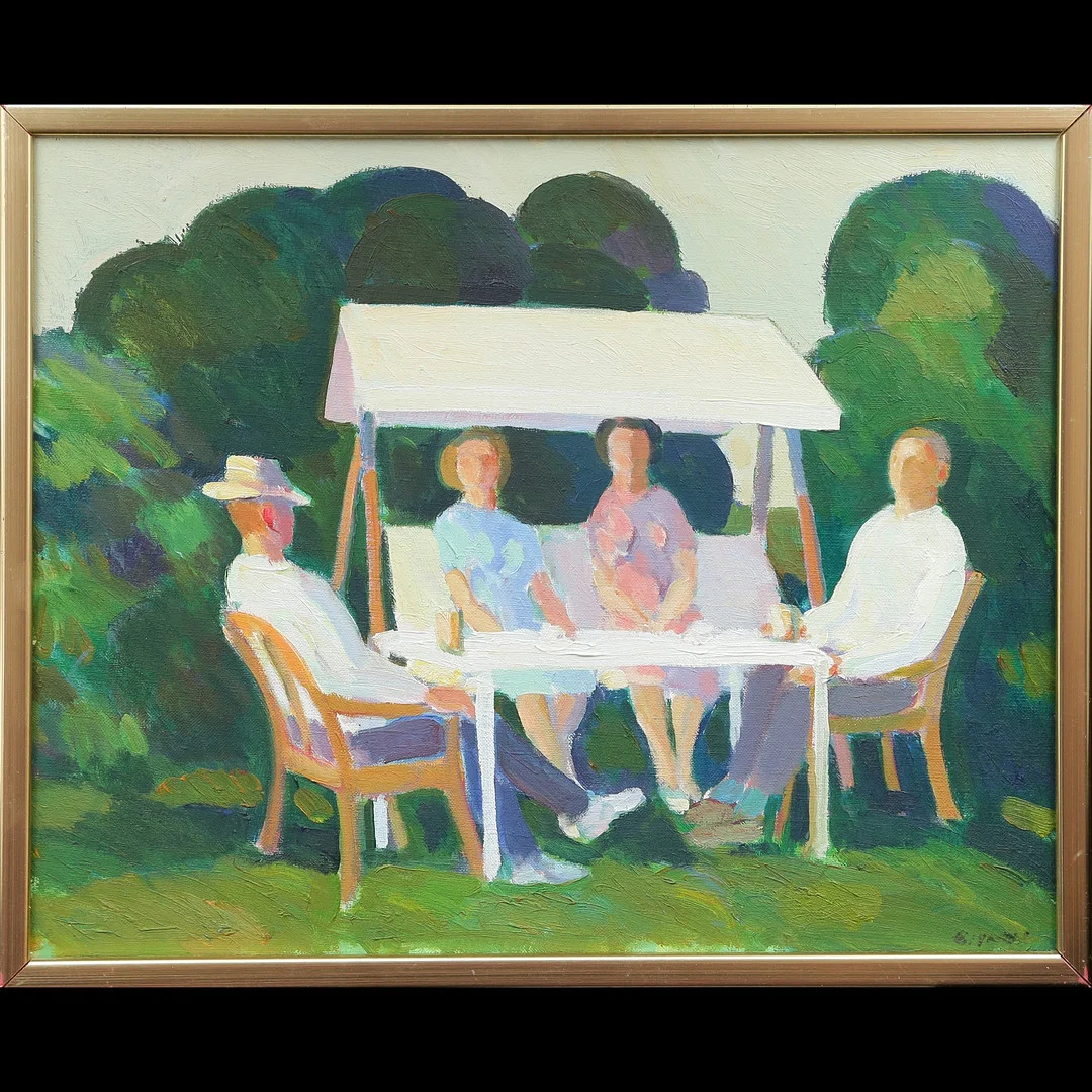 ERIC ELFVÉN. "BESÖK I TRÄDGÅRDEN" OLJA PÅ PANNÅ, SIGNERAD. — Paintings — Auktionskammaren Sydost Kalmar