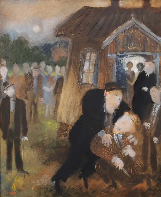 KJELL SUNDBERG. "Ur Hemsöborna: Slåtterfest med slagsmål", olja på pannå, signerad KAS.