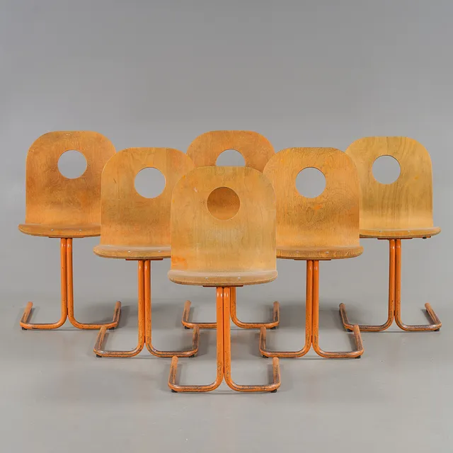 NILS STRINNING. Stolar 6 stycken "CAF" Grythyttan Stålmöbler, Stålrör med formpressade sitsar, 1960-tal.